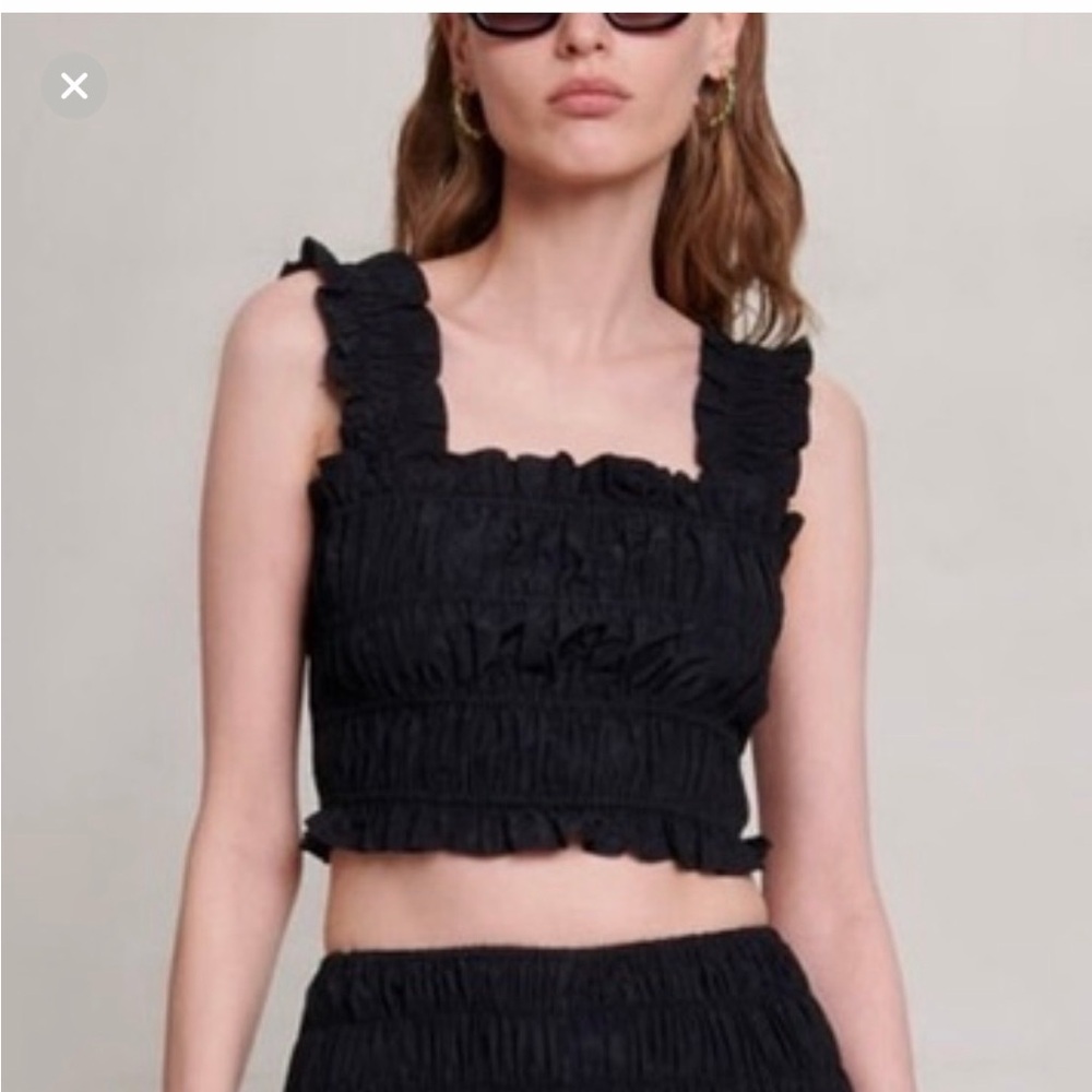 Maje Black Smocked Ruffle Crop Top